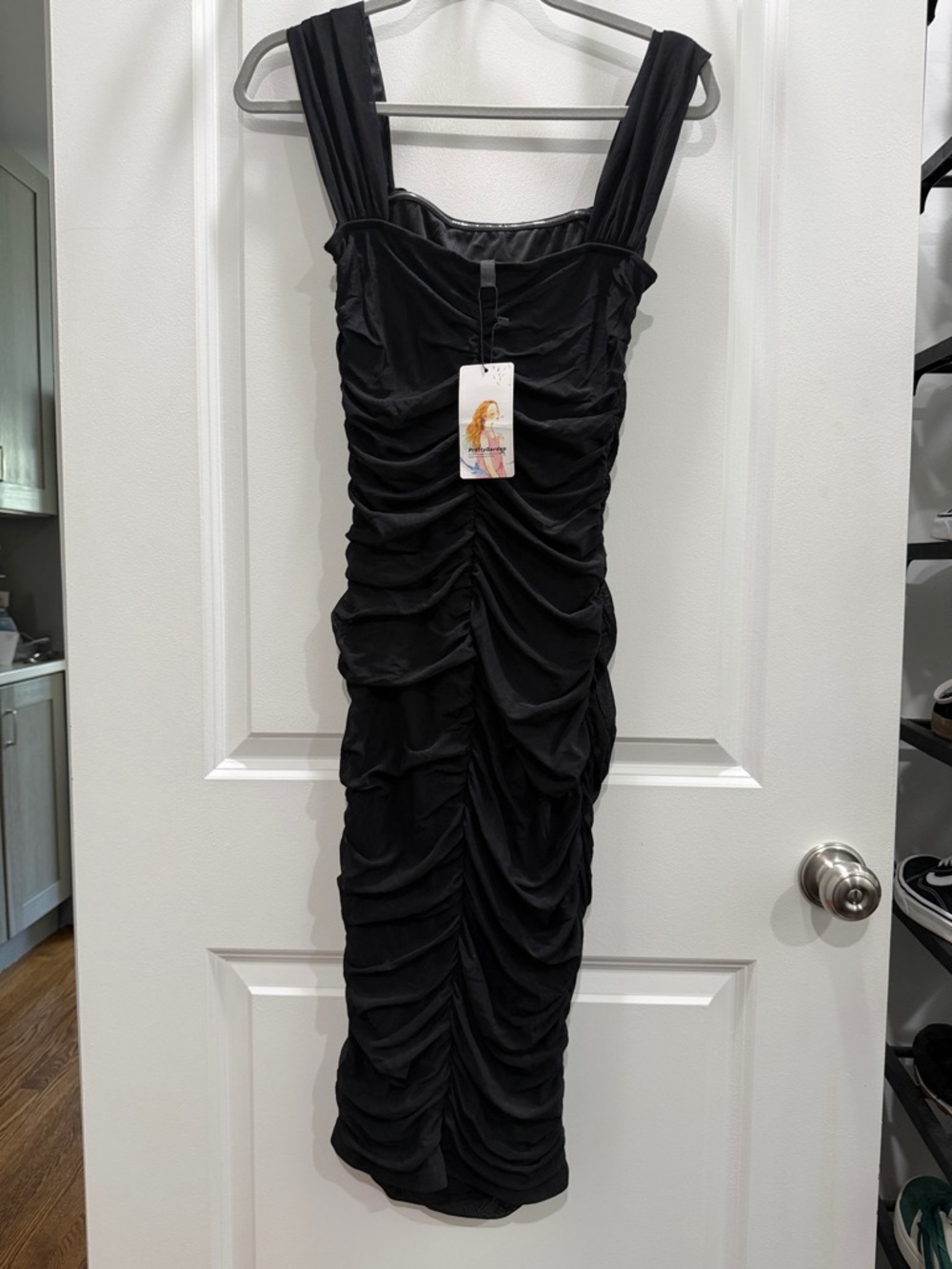 Black Ruched stretchy  Midi Dress with Wide Straps